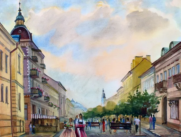 Aquarellmalerei des Stadtbildes der Stadt Tscherniwzi, Ukraine. — Stockfoto