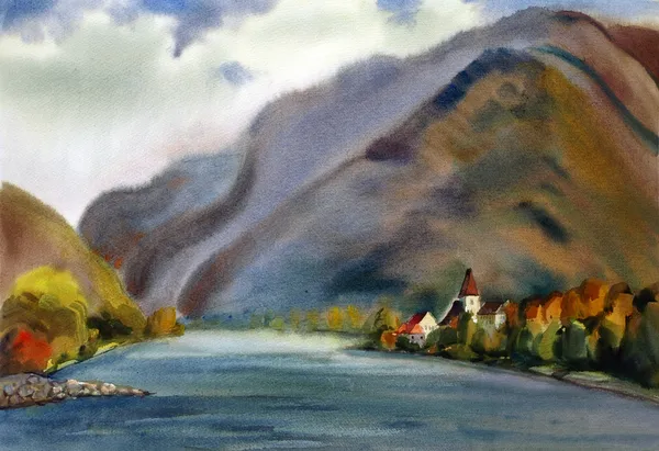 Autumn landscape painted by watercolor — Stock Photo, Image