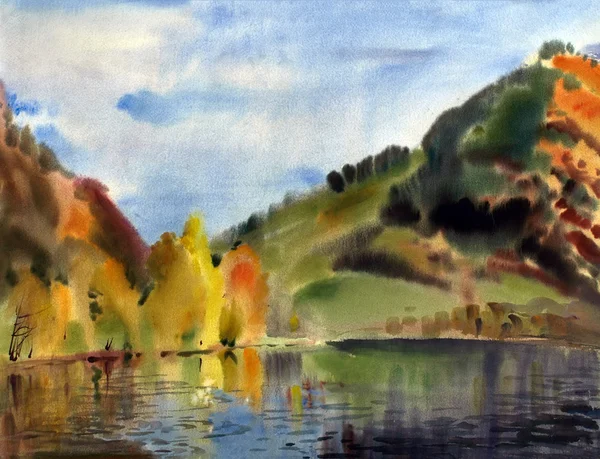 Autumn landscape painted by watercolor — Stock Photo, Image