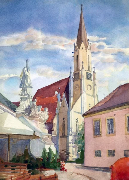 Austrian city of Melk landscape painted by watercolor — Stock Photo, Image