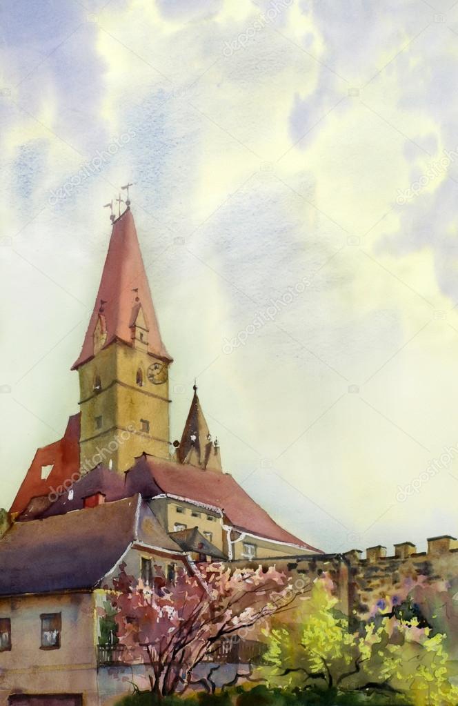 Watercolor painting of the old tower in Weisskirchen, Austria