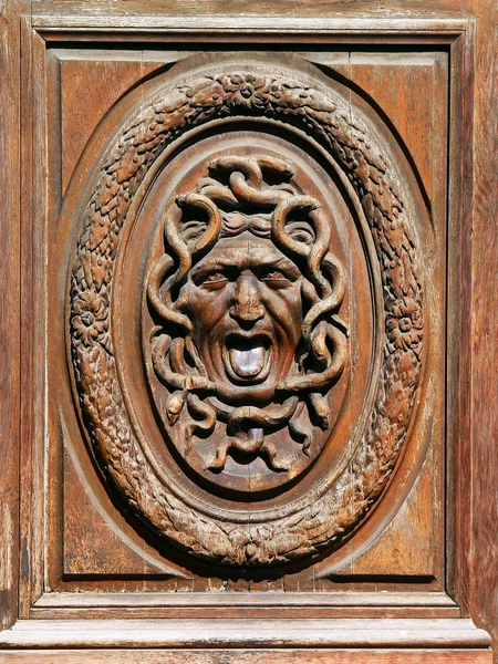 Human face wrapped up by snakes in a circular frame on an old wooden door — Stock Photo, Image