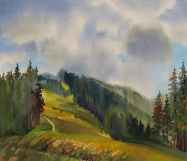 sulu boya ile boyanmış dağ manzarası