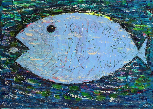 Art Painting Fish Sign French Mange Pas Six Jours Didn — Stock Photo, Image