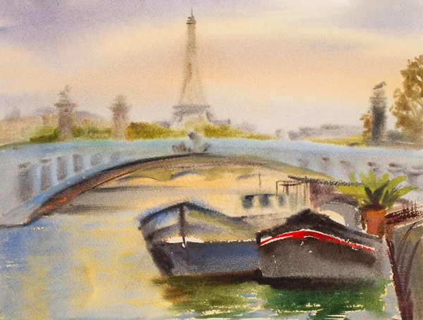 Paris Harbor Watercolor Art Painting — Stock Photo, Image