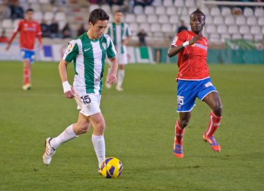 CORDOBA, SPAIN - JANUARY 13:Pedro Sánchez W(15) in action during match league Cordoba(W) vs Numancia (R)(1-0) at the Municipal Stadium of the Archangel on January 13, 2013 in Cordoba Spain