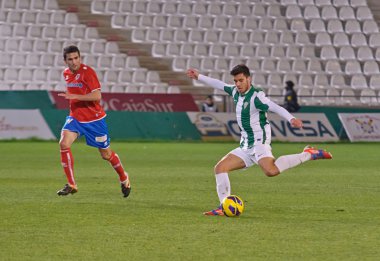 Cordoba, İspanya - Ocak 13:fede vico w(29) eylem sırasında maç lig cordoba(w) vs numancia (r)(1-0) üzerinde 13 Ocak 2013 baş melek cordoba İspanya Belediye Stadyumu