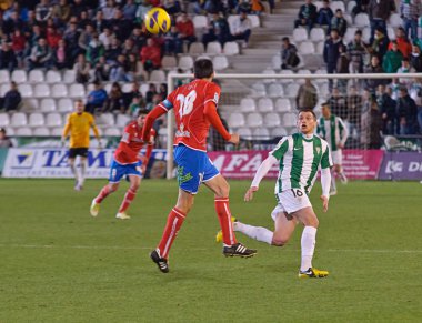 Cordoba, İspanya - Ocak 13:egoitz jaio r(18) eylem sırasında maç lig cordoba(w) vs numancia (r)(1-0) üzerinde 13 Ocak 2013 baş melek cordoba İspanya Belediye Stadyumu