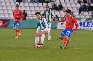 Cordoba, İspanya - Ocak 13:fede vico w(29) eylem sırasında maç lig cordoba(w) vs numancia (r)(1-0) üzerinde 13 Ocak 2013 baş melek cordoba İspanya Belediye Stadyumu