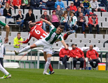 Cordoba, İspanya - Mart 17:armando lozano w(5) eylem sırasında maç lig cordoba(w) vs almeria (r)(4-1) baş melek üzerinde 17 Mart 2013 cordoba İspanya Belediye Stadyumu