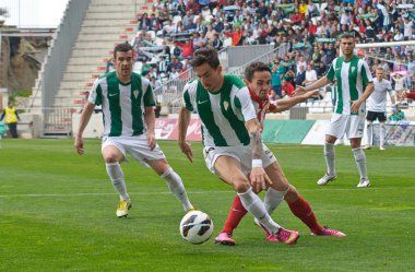 Cordoba, İspanya - 17 Mart: vincenzo rennella w(12) eylem sırasında maç lig cordoba(w) vs almeria (r)(4-1) baş melek üzerinde 17 Mart 2013 cordoba İspanya Belediye Stadyumu