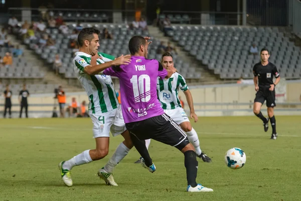 CORDOBA, SPAIN - AUGUST 18: Iago Bouzón W(4) in action during match league Cordoba (W) vs Ponferradina (B)(1-0) at the Municipal Stadium of the Archangel on august 18, 2013 in Cordoba Spain — Stock fotografie