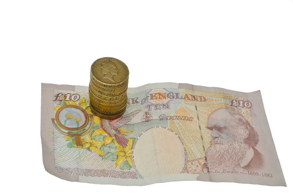 Pound Coins on Ten pound Note — Stock Photo, Image