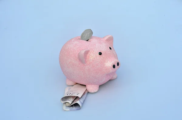 Piggy bank med mønt og sedler - Stock-foto