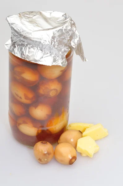 Jar 的自制的腌的洋葱和奶酪 — 图库照片