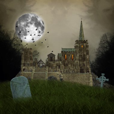 eski köy ve mezar - halloween illüstrasyon