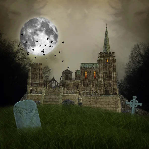 Old village and graves - halloween illustration — Stock Photo, Image