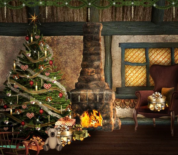 Preciosa ilustración de Navidad con un hermoso árbol de Navidad, chimenea y regalos — Foto de Stock