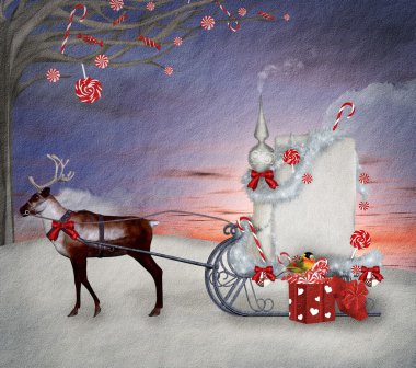 Noel hediye ve Ren geyiği çizim ile Noel Baba'nın atlı kızak