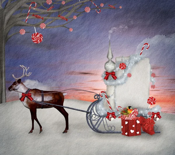 Weihnachtsschlitten des Weihnachtsmannes mit Geschenken und Rentier-Illustration — Stockfoto