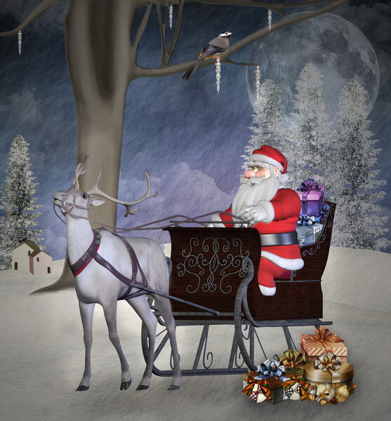 Illustration of Santa Claus in a sleigh with reindeer