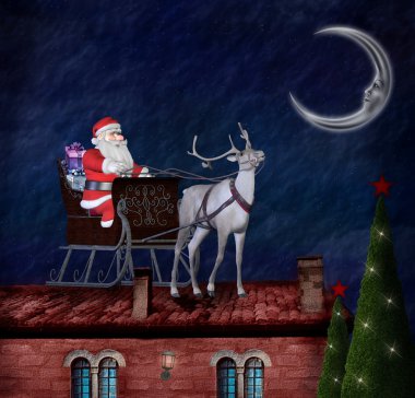 Noel Baba ve onun kızak eski bir çatı üzerinde