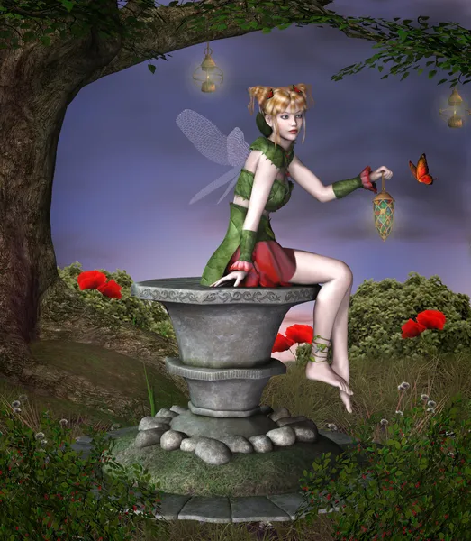Beautiful fairy sits on a pedestal into the forest — Stock Photo, Image