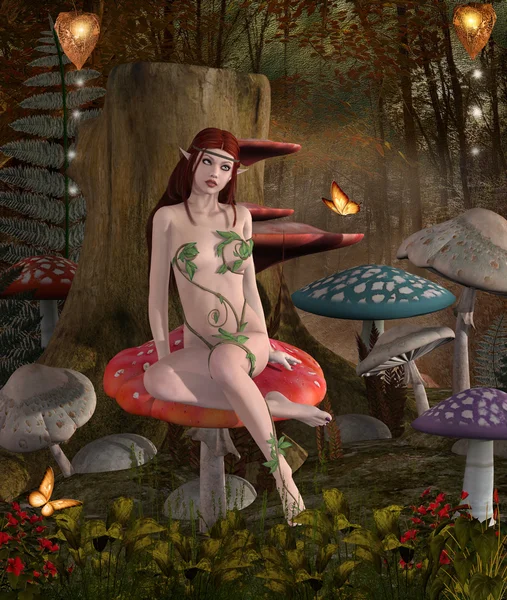 Zâna stă pe o ciupercă — Fotografie, imagine de stoc