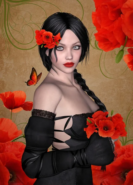 Belle brune avec des coquelicots — Photo