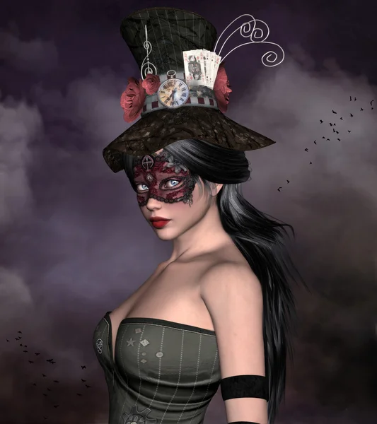 Belle femme avec chapeau et masque bizarre — Photo