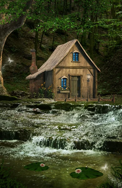 在瀑布的小房子 — 图库照片