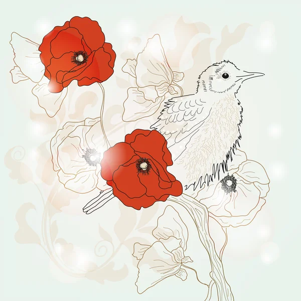 Coquelicots rouges et oiseaux noirs — Image vectorielle