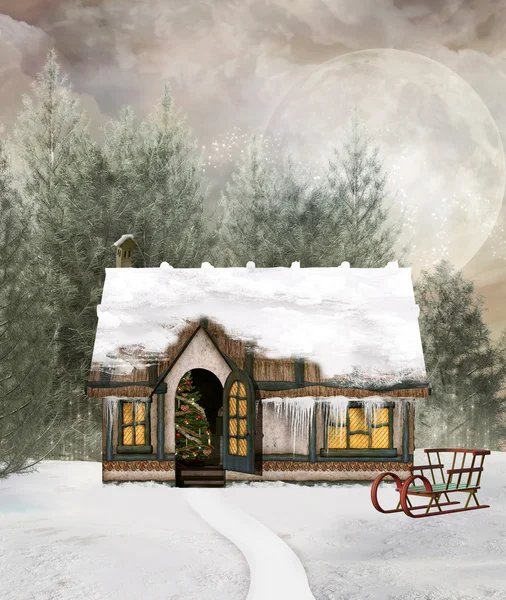 Cottage invernale in un paesaggio favoloso — Foto Stock