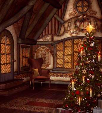 Büyülü bir kulübede Güzel bir Noel ağacı