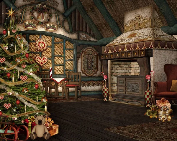 Oud Huis Met Een Magische Kerstboom — Stockfoto