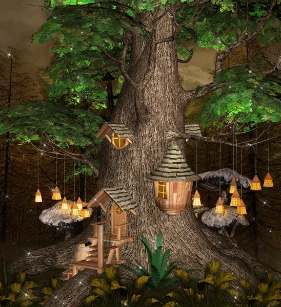 Old Tree Dark Forest Elf Houses Hanging Lanterns — Stock Photo, Image