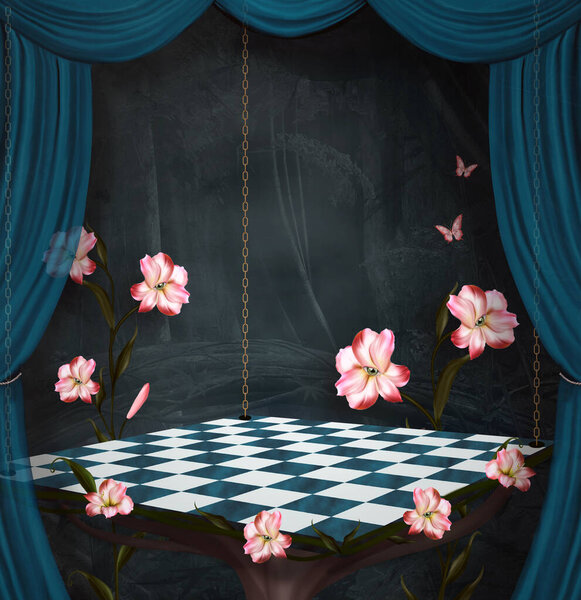 Pink lilies on a gothic stage with blue curtains