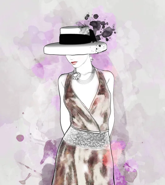 Sketch Elegant Old Style Woman Wearing Hat — Stock Photo, Image