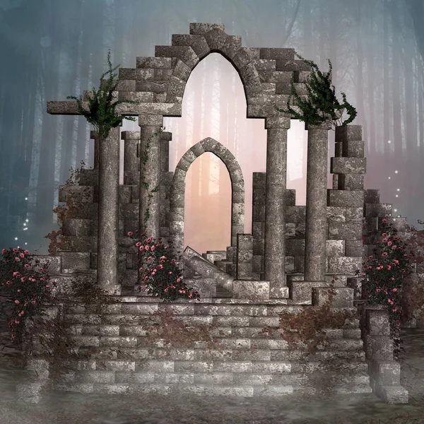 Романтичний Вид Старий Храм Посеред Туманного Лісу Стокове Зображення