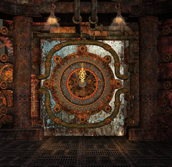 Eski saati olan paslı steampunk makinesi