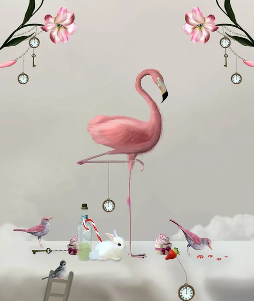 Flamant Rose Sur Une Table Avec Beau Moineau Lapin Blanc — Photo