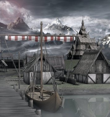 Eski Viking köyü manzarasıyla Ortaçağ gemisi yola çıkmaya hazır.