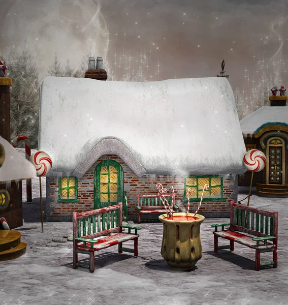 Fantasie Kerstdorp Met Een Wensput Een Besneeuwd Landschap — Stockfoto