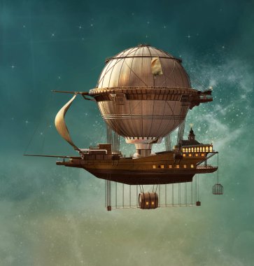 Sıcak hava balonu Steampunk tarzında bir tekneyle gökyüzünde uçuyor.