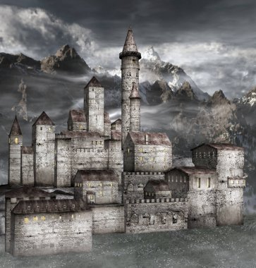 Sisli dağlarda antik bir kalenin manzarası