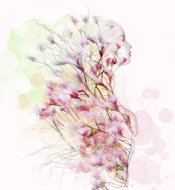 Manolya dallı bir kadının çift pozlu portresi