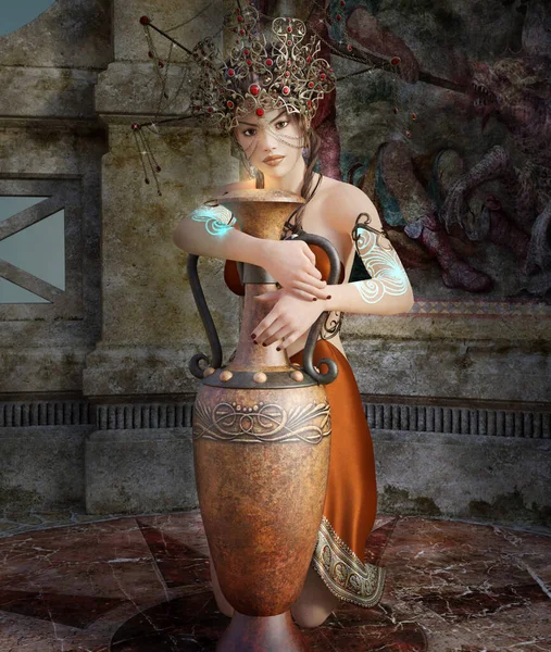 Porträt Einer Mythologischen Frau Mit Einer Antiken Vase — Stockfoto