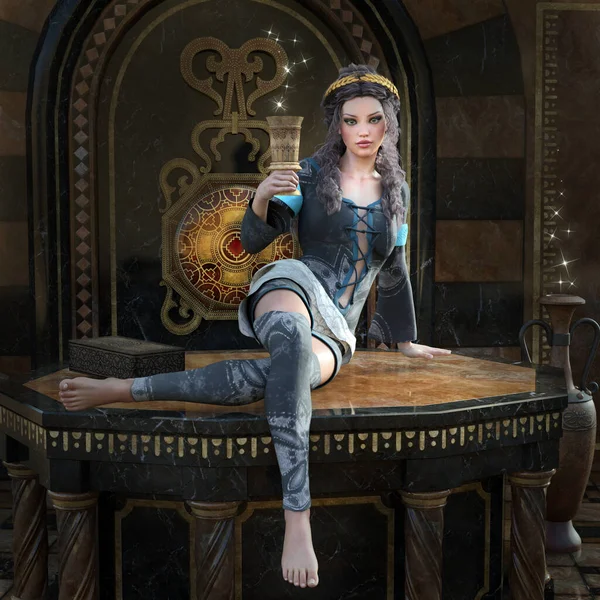 幻想中的女人在一个有爱情药水的宫殿房间里等着 — 图库照片