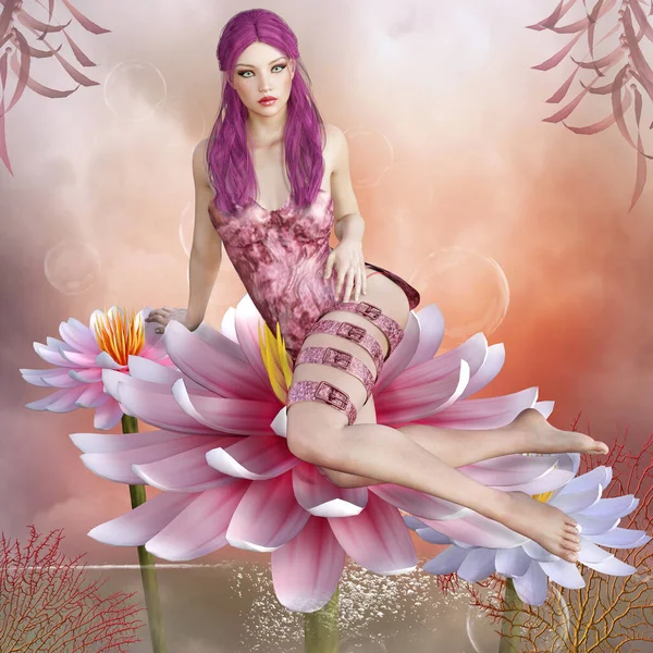 Chica Fantasía Sentada Una Flor Paisaje Rosa Con Corales — Foto de Stock