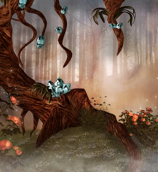 Záhadný Fantasy Strom Krystaly Květinami Mlhavé Mýtině — Stock fotografie